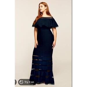 Tadashi Shouji Dress Womens XS Tabora Off The Shoulder Gown Navy Mother Of Bride